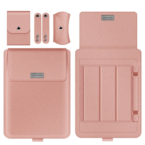 Rose gold faux leather tech accessory set with laptop sleeve, pouch, and organizers