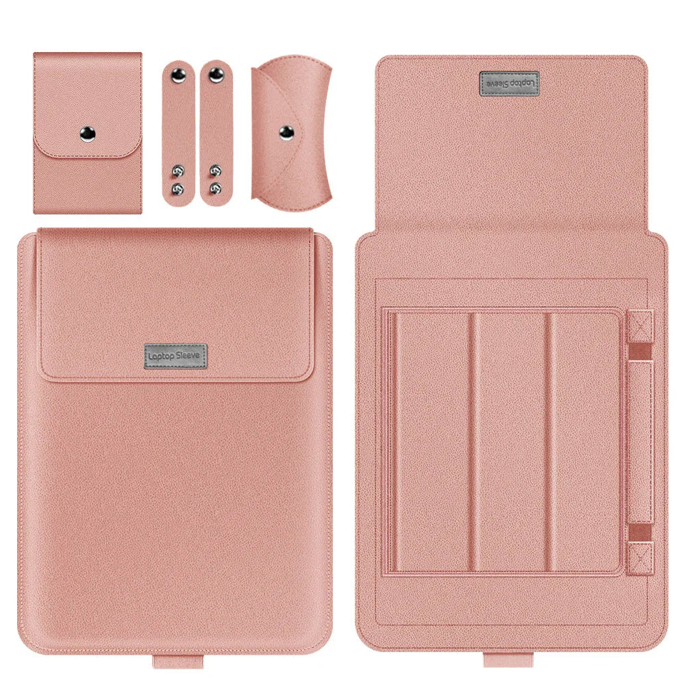 Blush pink leather laptop sleeve set with accessories, modern minimalist style, slim fit.