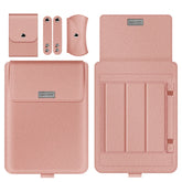 Blush pink leather laptop sleeve set with accessories, modern minimalist style, slim fit.