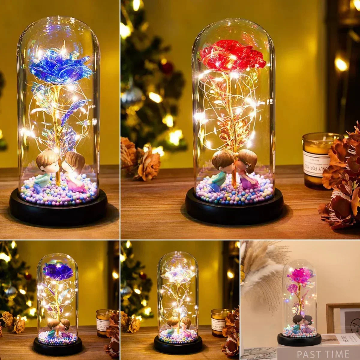 Romantic glass dome lamp with LED lights, colorful rose, and kissing couple figurines