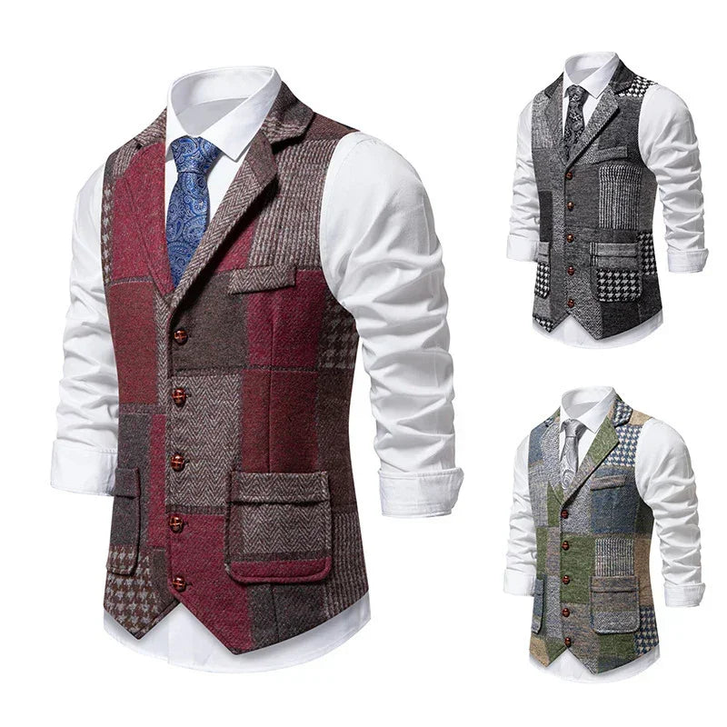 Men's patchwork tweed vests in red, gray, and green, slim fit, over white shirts.