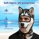 Man wearing a husky dog print balaclava mask with UV protection, soft fabric, and elastic fit.