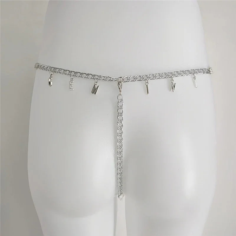 Silver chain belt with letter charms, minimalist streetwear accessory, adjustable fit