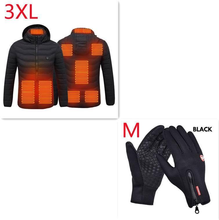 Black heated puffer jacket and touchscreen gloves, sleek fit, insulated winter wear