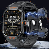 Black futuristic smartwatch with rugged design, digital-analog display, and bold metallic accents.