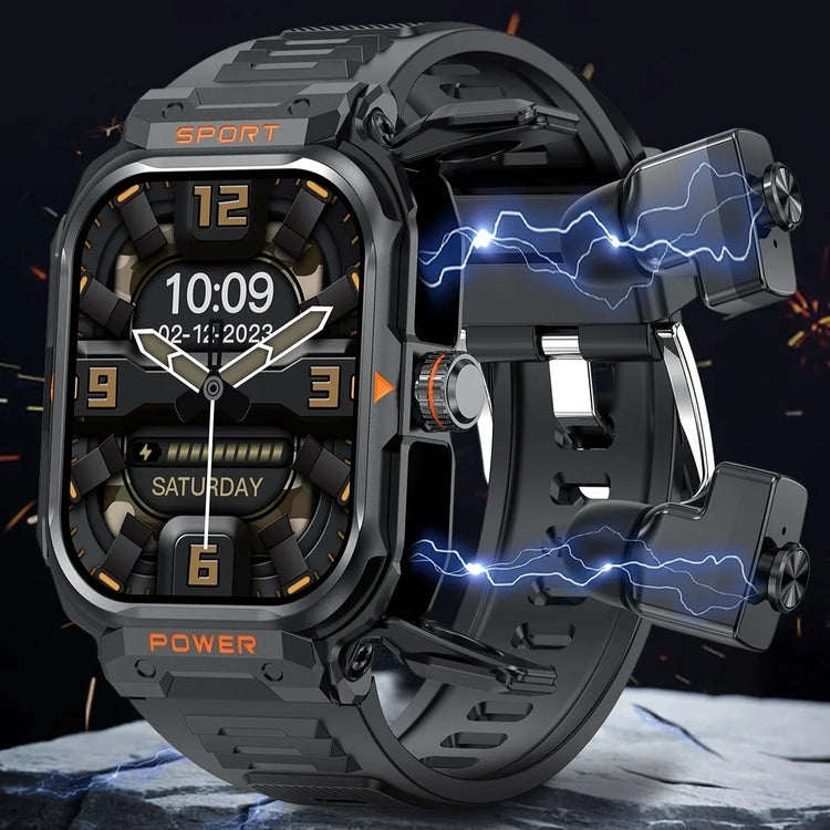 Black futuristic smartwatch with rugged design, digital-analog display, and bold metallic accents.