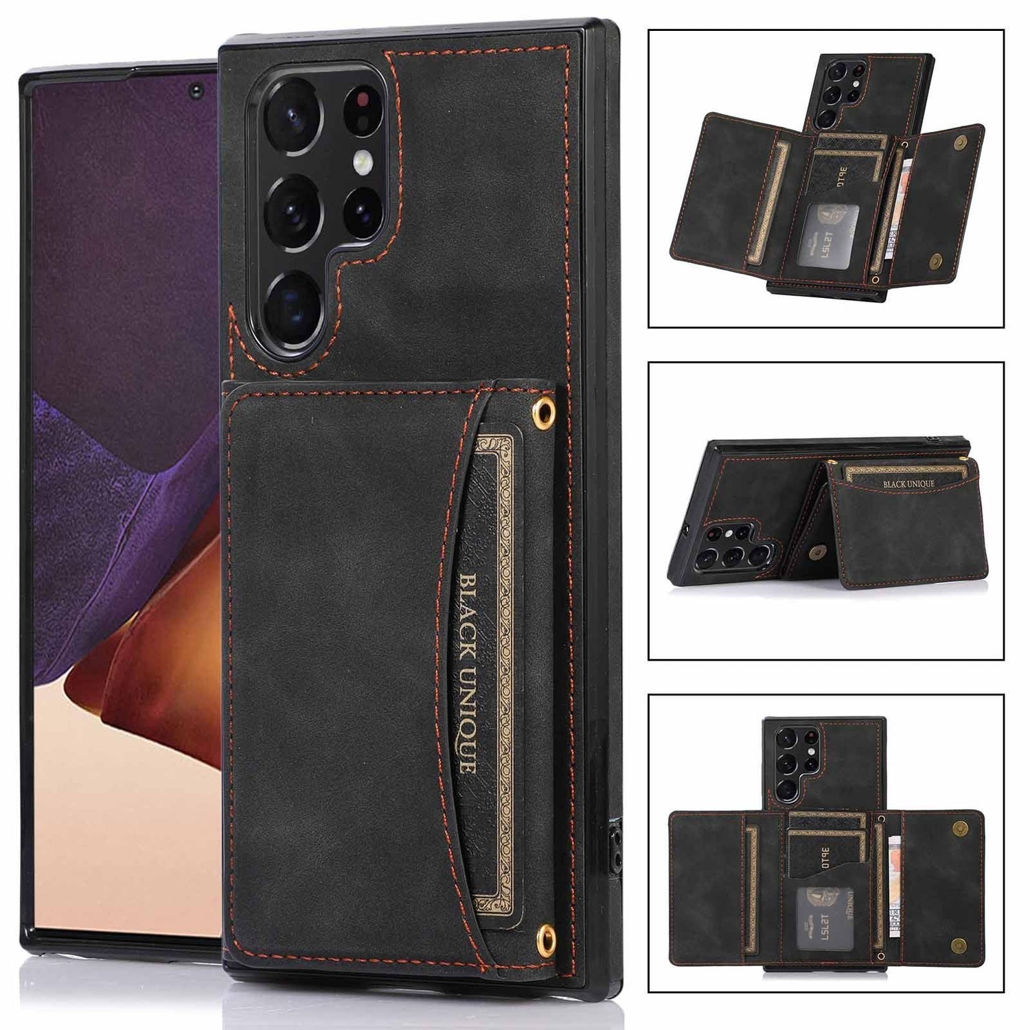 Black leather wallet phone case with card holder, brown stitching, slim fit design