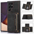 Black leather wallet phone case with orange stitching, card slots, and magnetic closure, shown on a smartphone.