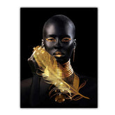 Woman wearing gold metallic accessories and jewelry, black clothing, futuristic streetwear style