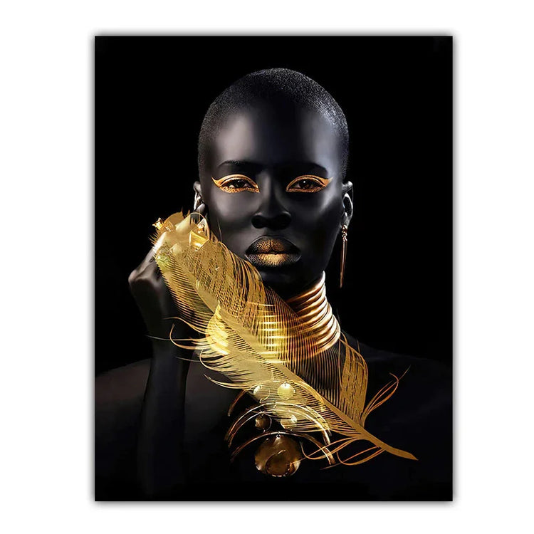 Woman wearing gold metallic accessories and jewelry, black clothing, futuristic streetwear style