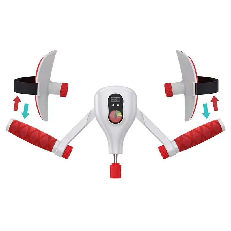 Futuristic white and red handheld fitness device with textured grips and adjustable straps