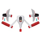 Futuristic white and red handheld fitness device with textured grips and adjustable straps