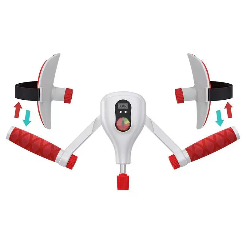 Futuristic white and red handheld fitness device with textured grips and adjustable straps