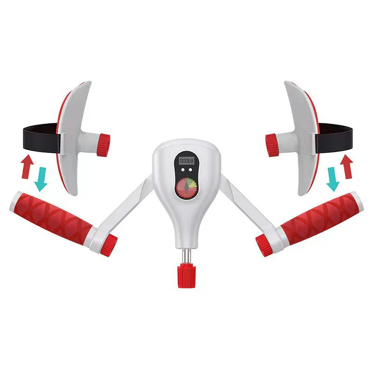 Futuristic white and red handheld fitness device with textured grips and adjustable straps
