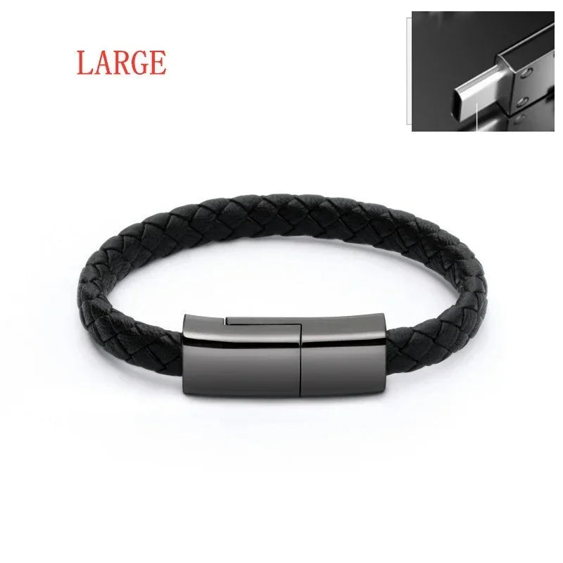 Men’s large black braided leather bracelet with sleek metallic clasp, modern fit
