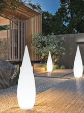 Modern outdoor walkway with sleek, white cone-shaped LED garden lights and wooden decking