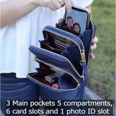 Woman holding a blue multi-zipper crossbody wallet bag with card slots and compartments.