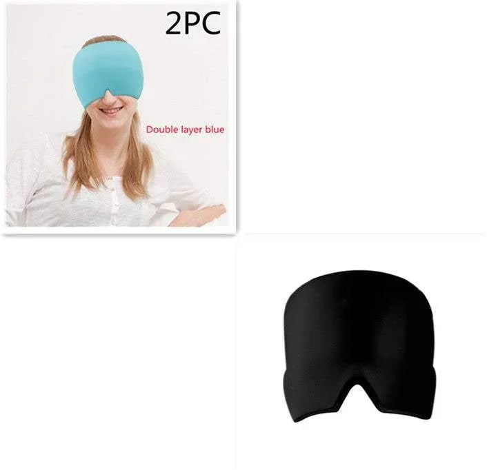 Double layer soft sleep mask in blue worn by woman, additional black mask displayed on white background