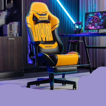Yellow and black ergonomic gaming chair with adjustable armrests and lumbar support in a modern room