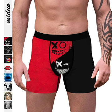 Men's red and black boxer briefs with bold graphic face print, fitted modern style.