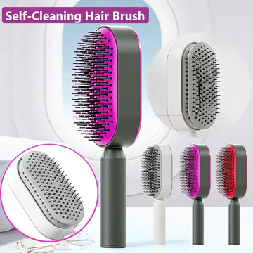 Self-cleaning hair brush in black, pink, white, and red with ergonomic handle and rectangular bristles.