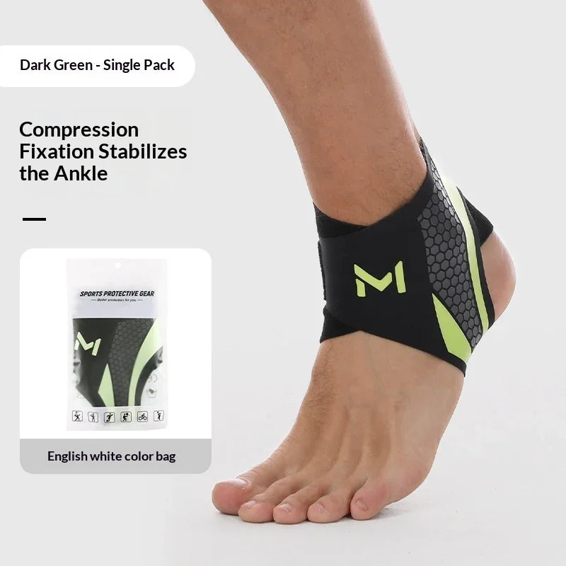 Black and neon green compression ankle support sleeve with hexagonal pattern, snug fit on foot