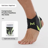Black and neon green compression ankle support sleeve with hexagonal pattern, snug fit on foot