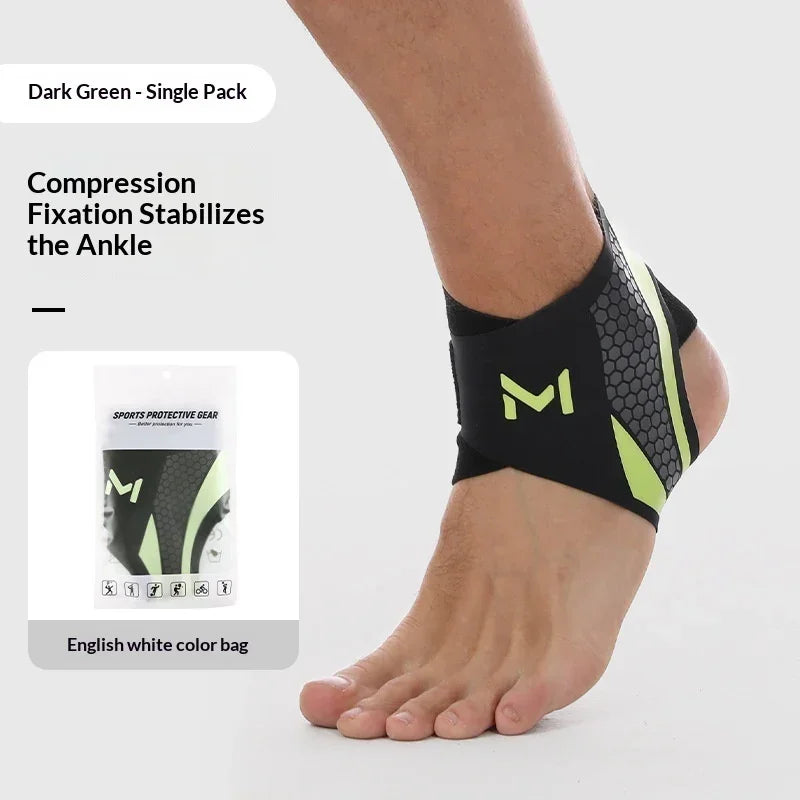 Black and neon green compression ankle support sleeve with hexagonal pattern, snug fit on foot