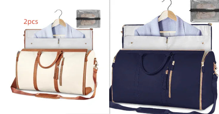Two travel garment bags in cream and navy, faux leather trim, showing organized shirt storage.