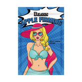 Pop art style woman in blue halter crop top and matching high-waisted skirt with pink sun hat and scarf