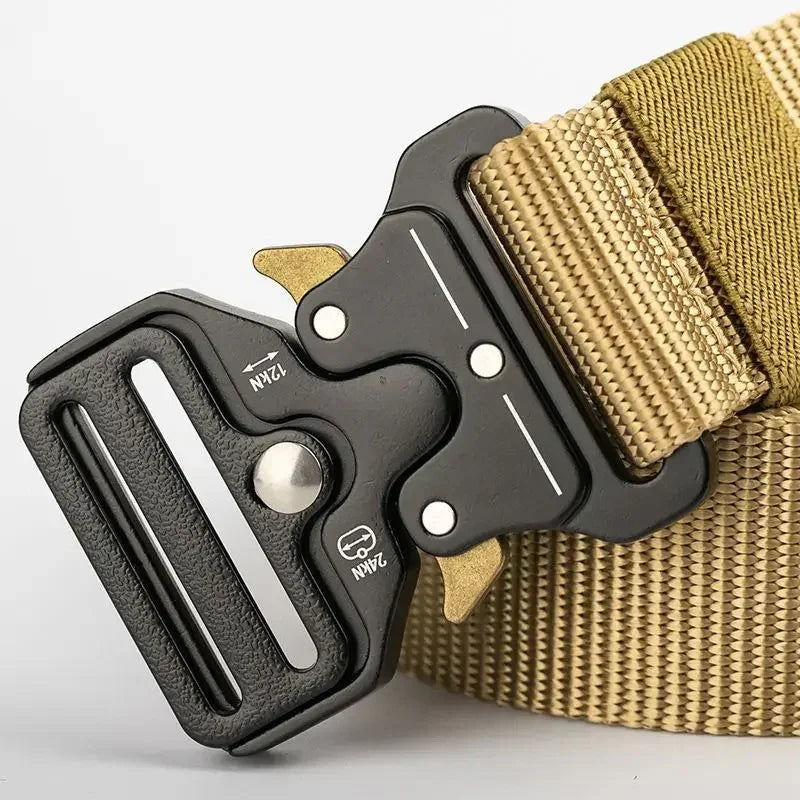 Tan nylon tactical belt with black metal quick-release buckle, durable and adjustable fit