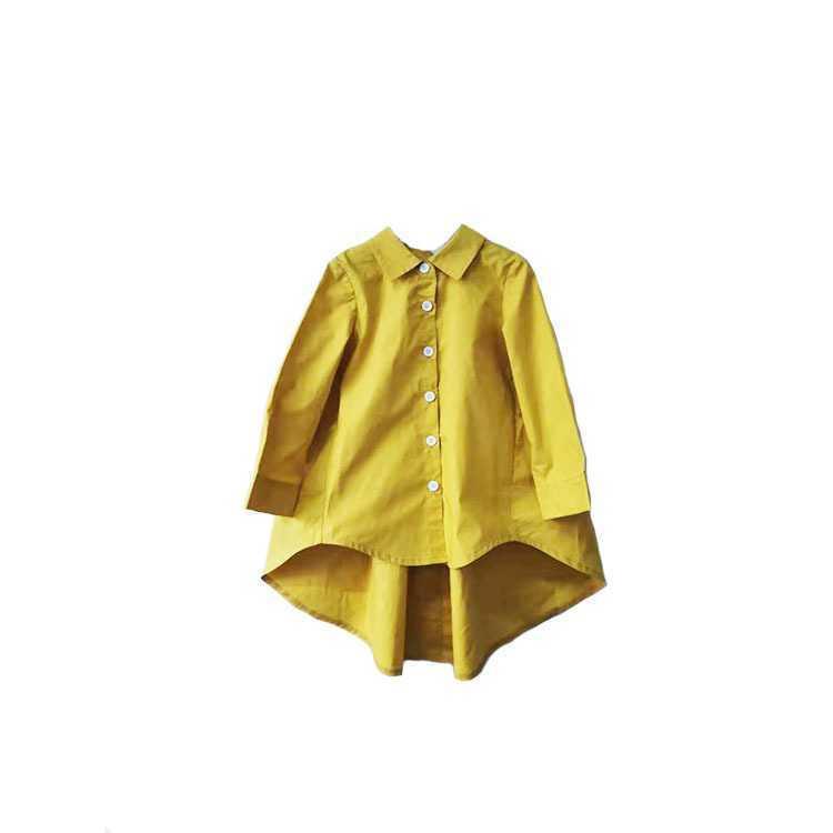Yellow cotton long-sleeve shirt dress with high-low hem and white buttons, loose fit