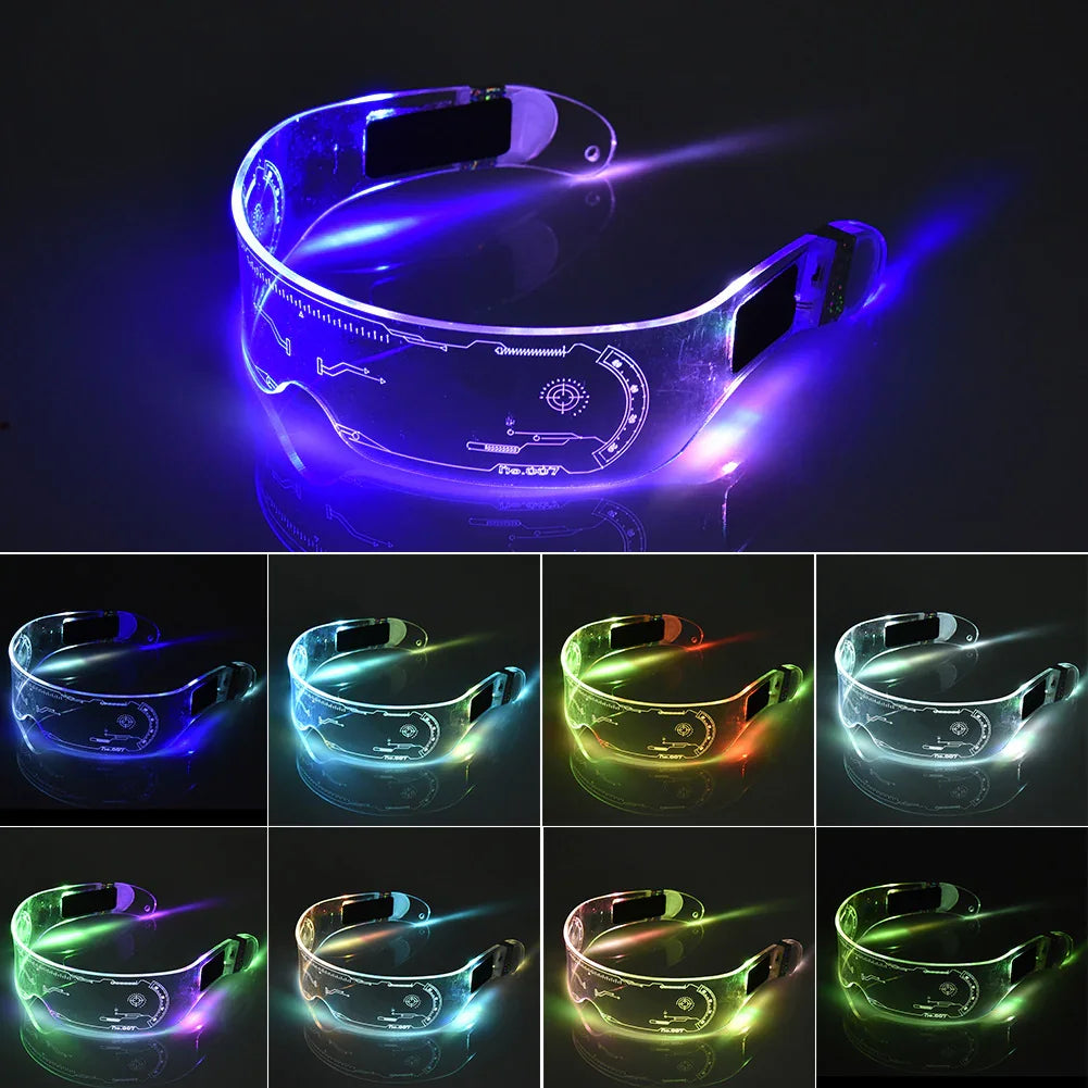 Futuristic LED light-up visor glasses in multiple colors, transparent acrylic, tech streetwear accessory