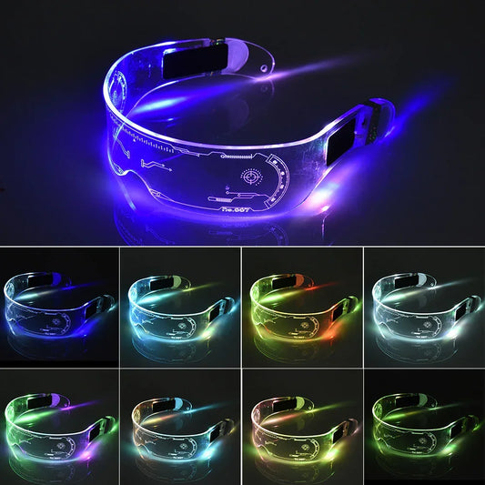 Futuristic LED light-up visor glasses in multiple colors, transparent acrylic, tech streetwear accessory