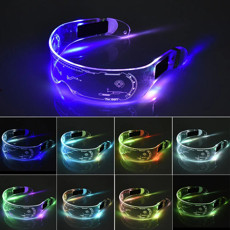 Futuristic LED light-up visor glasses in multiple colors, transparent acrylic, tech streetwear accessory