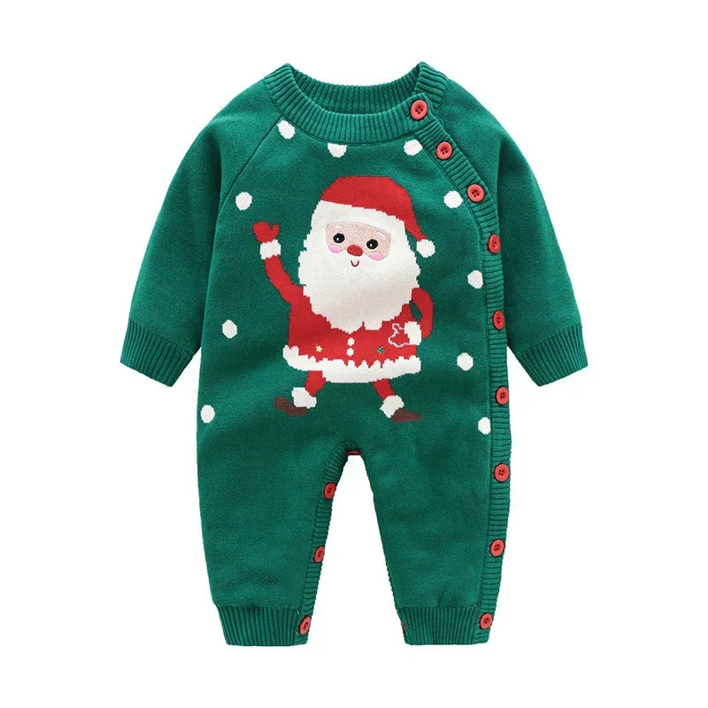 Green knit baby jumpsuit with Santa Claus graphic, long sleeves, red buttons, relaxed fit
