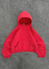 Oversized red fleece hoodie with kangaroo pocket and ribbed cuffs, casual streetwear style