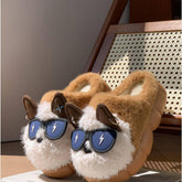 Brown and white plush cat slippers with faux fur, 3D ears, and cartoon sunglasses, cozy fit