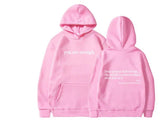 Pink cotton hoodie with front and back white text print, relaxed fit, kangaroo pocket.