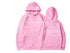 Pink cotton hoodie with front and back white text print, relaxed fit, kangaroo pocket.