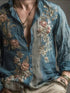 Blue and beige linen shirt with floral embroidery, relaxed fit, vintage streetwear style.