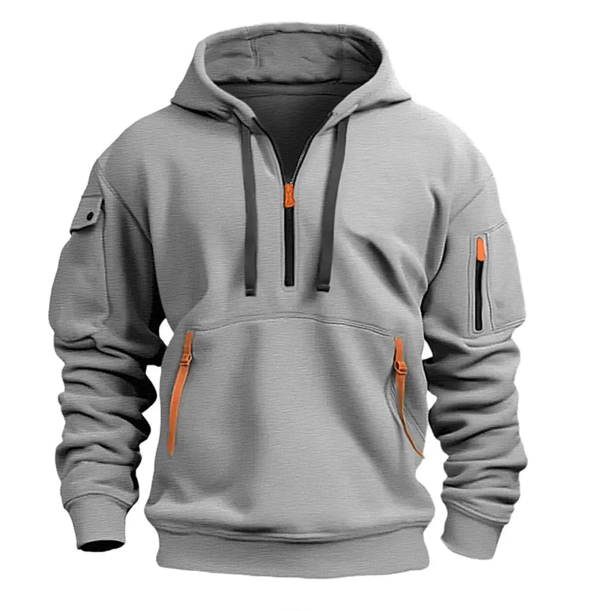 Gray pullover hoodie with orange zippers, utility pockets, relaxed fit, techwear street style.