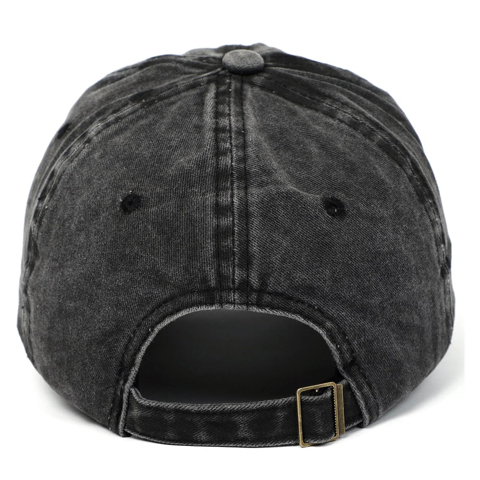 Back view of black washed denim baseball cap with adjustable strap and metal buckle.