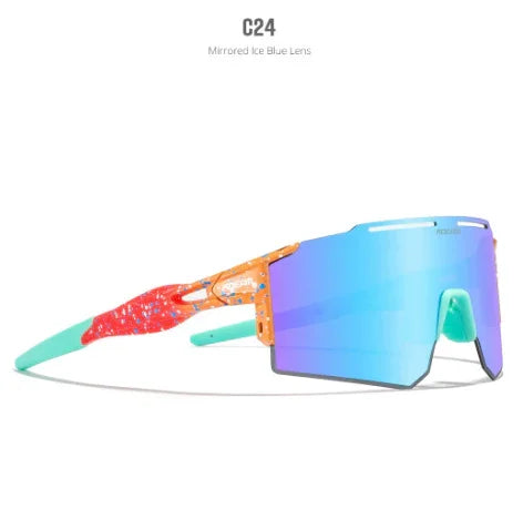Futuristic shield sunglasses with mirrored blue lens, orange and teal frame, bold streetwear style.