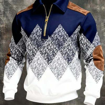 Men's pullover with navy, white, and brown color block, geometric diamond pattern, relaxed fit.