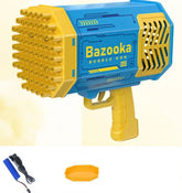 Blue and yellow plastic bubble gun toy with multiple nozzles and rechargeable battery accessories