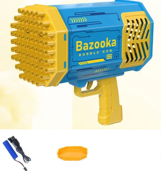 Blue and yellow plastic bubble gun toy with multiple nozzles and rechargeable battery accessories