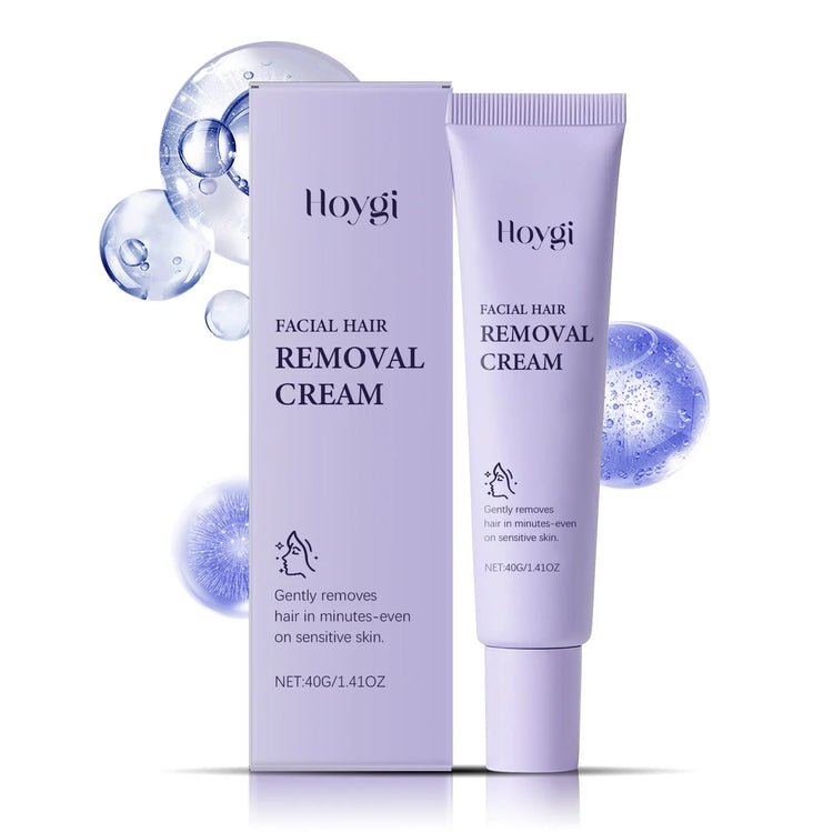 Lavender tube and box of facial hair removal cream for sensitive skin, clean minimal design