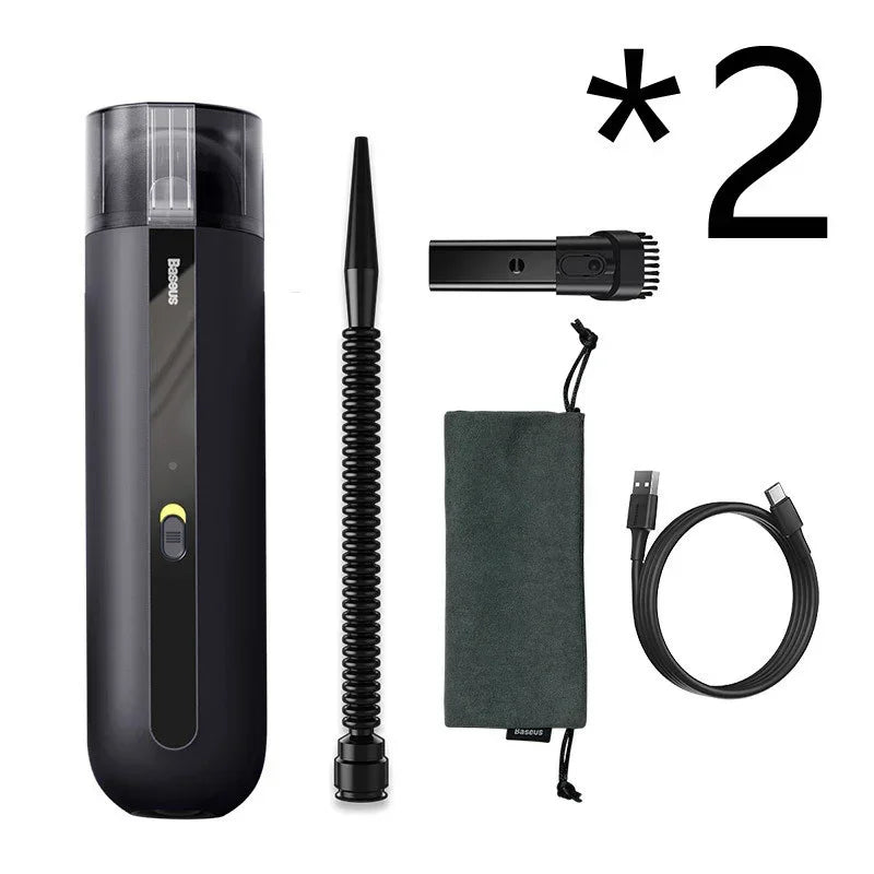 Black cordless handheld vacuum set with cleaning attachments and USB cable