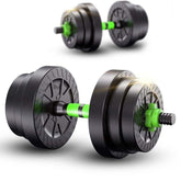 Adjustable black dumbbells with neon green handles for strength training